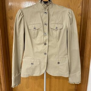 Eddie Bauer Khaki Jacket Ruffle Collar Fitted Blazer Women’s Size Medium Tall